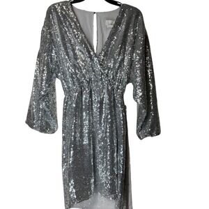Anthropologie Silver Sequin Wrap V-Neck Long Sleeve Mini Belt Dress XS Holiday‎